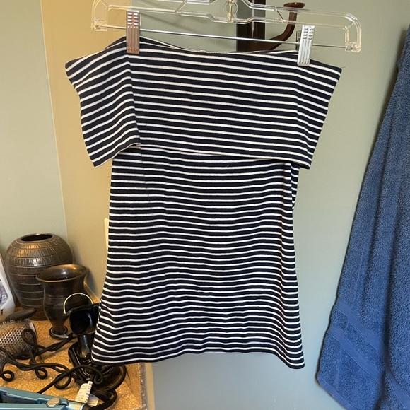 Loft Off the Shoulder Navy and White Striped Form Fitting Top - Picture 1 of 3